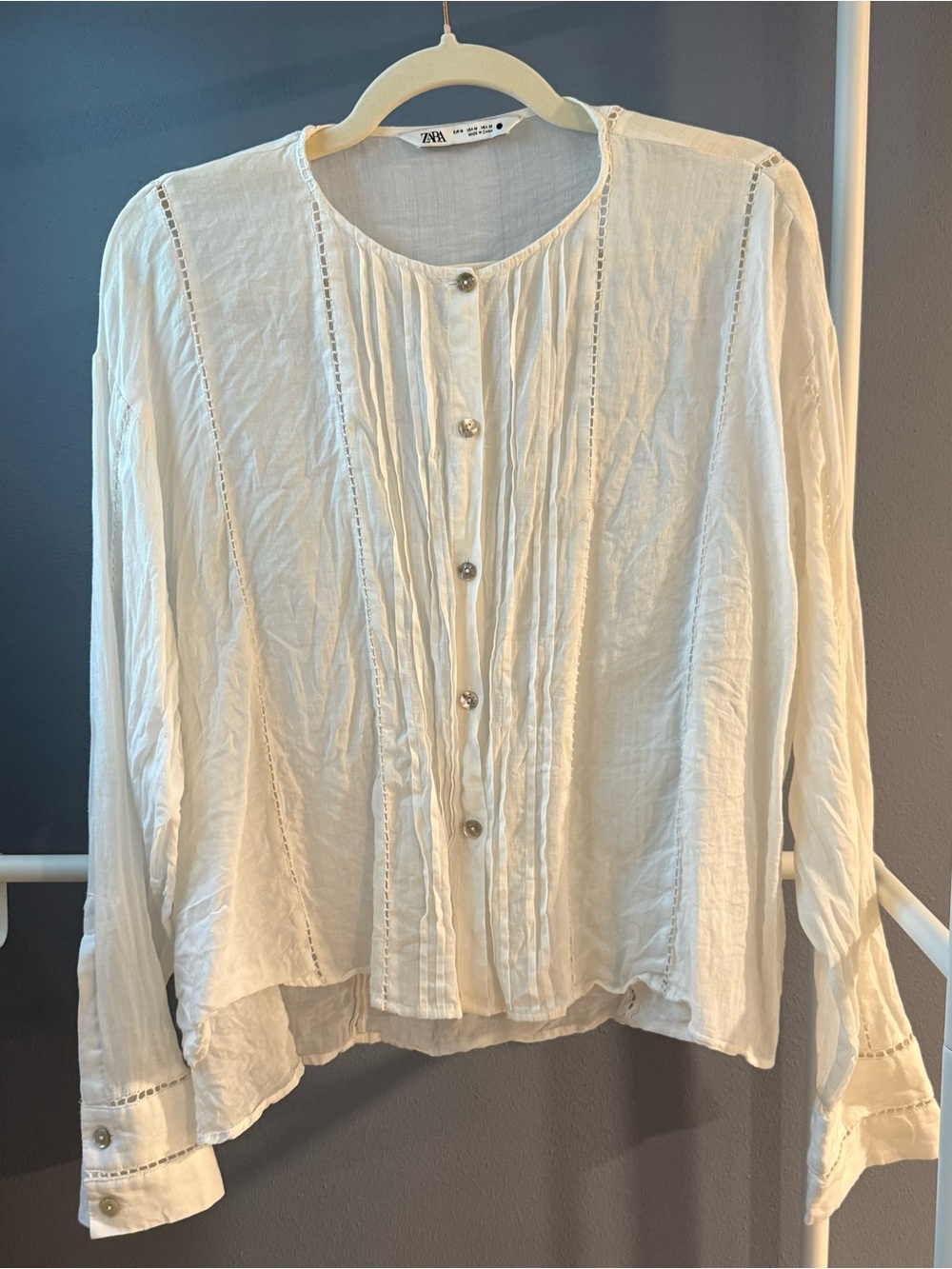 Zara Cream Pintuck Button-Down Blouse with Lace Trim